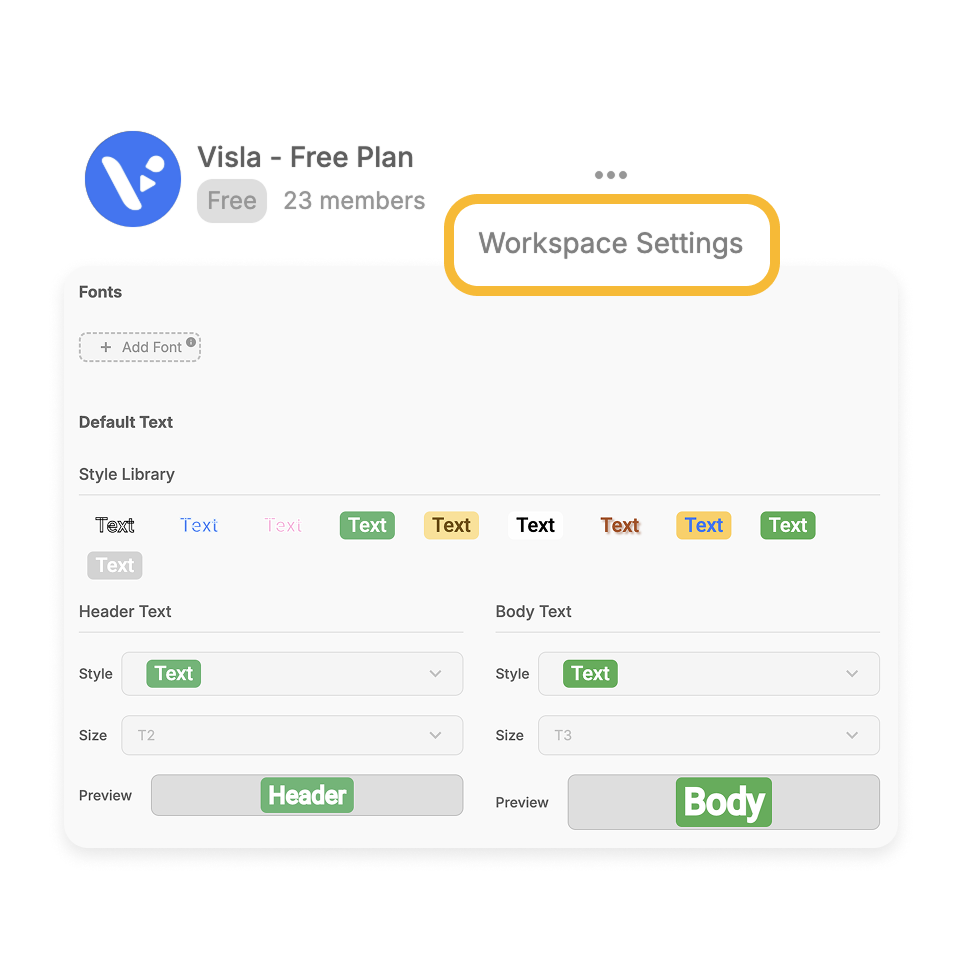 Workspace branding setup inside Visla’s company intro video creator for uploading logos, fonts, and colors.